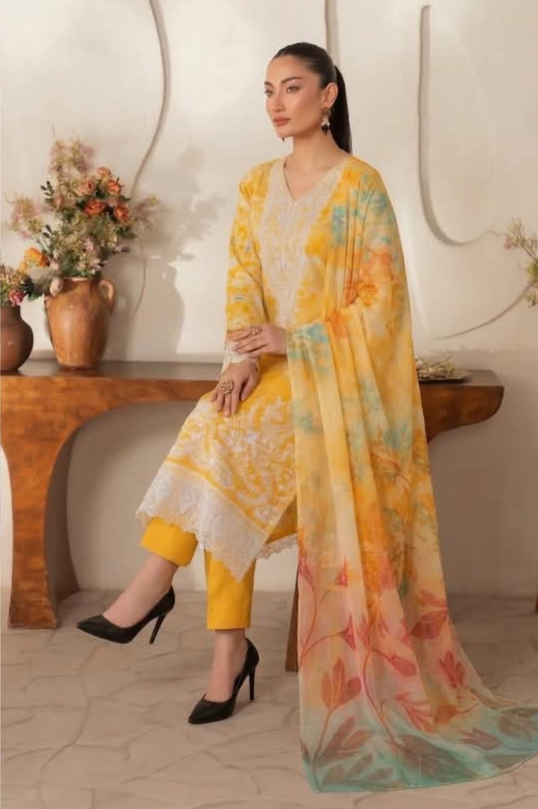 Embroidered Shirt With Daman Patch Print Dupatta, Plain Trouser
